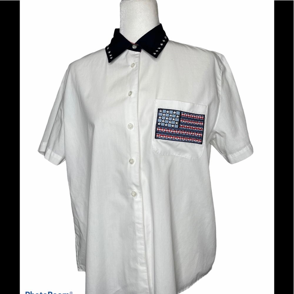 Karen Scott Sport American Flag USA  Button Shirt